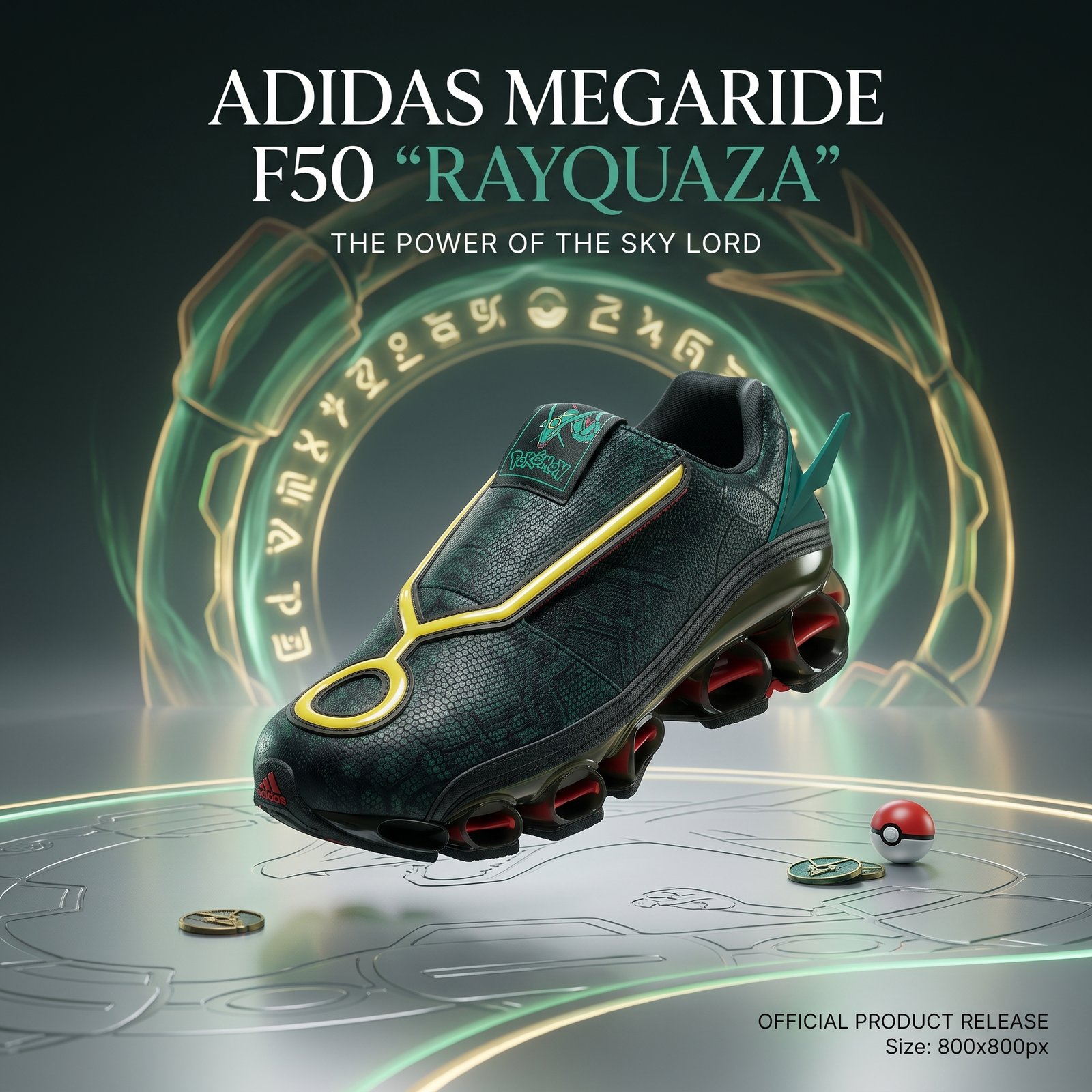 Tênis Adidas Megaride F50 inspirado no Rayquaza em verde escamoso com detalhes amarelos