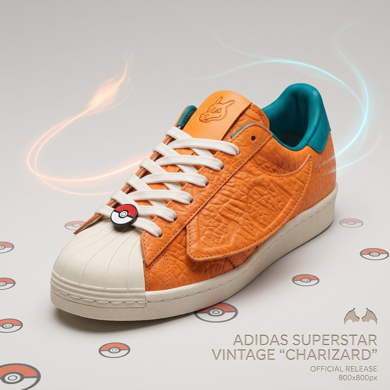 Tênis Adidas Superstar Vintage inspirado no Charizard com detalhes em laranja e asas nas laterais
