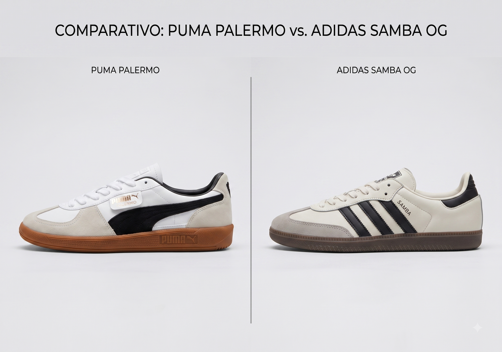 Comparação entre Puma Palermo e Adidas Samba lado a lado