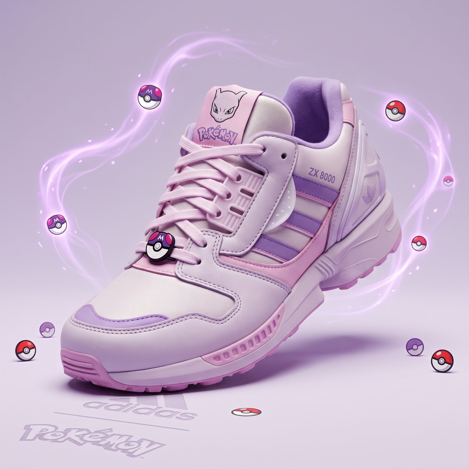 Tênis Adidas ZX 8000 inspirado no Mewtwo em tons de lavanda e violeta