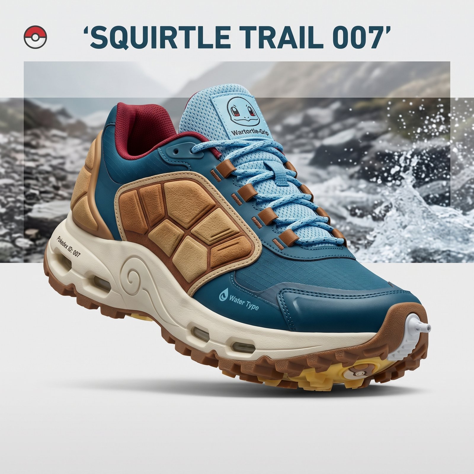 Conceito de tênis trail azul-petróleo inspirado no Squirtle