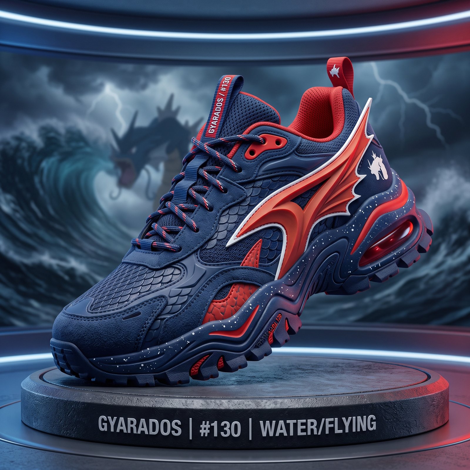 Conceito de tênis chunky azul-marinho com detalhes vermelhos inspirado no Gyarados